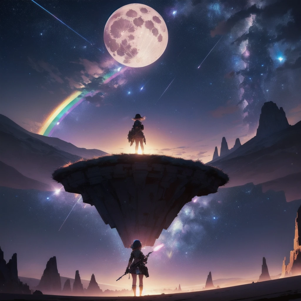 High resolution, vast landscape photography, (view from below with sky above and wide fields below), girl standing in desert looking up, (full moon:1.2), ( shooting star:0.9), ( nebula:1.3), distant mountain, tree break production art, (warm light source:1.2), (firefly:1.2), lamp, lots of red and blue, intricate details, volumetric lighting break (masterpiece:1.2), (best quality), 4k, highly detailed, (dynamic composition:1.4), highly detailed, colorful details,( rainbow:1.2), (glowing lighting, atmospheric lighting), dreamy, steampunk, (alone:1.2)