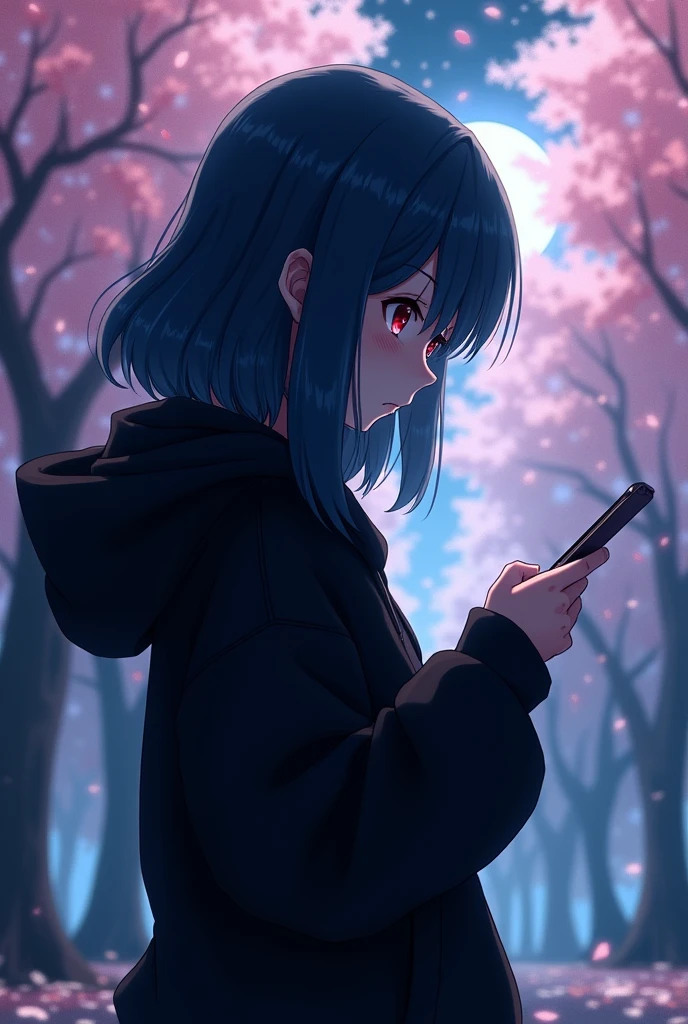 Dark background , Blossom tree theme , Anime girl , dark blue hair , modern day mullet hair style , black hoodie , red eyes , almond eye , playing phone , side view
