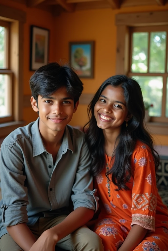 A 17 year old Indian young teenager  medium long hair slim boy wearing a grey shirt is sitting with an 17 year old young teenager Indian girl in a cape and both are looking at each other in the camera