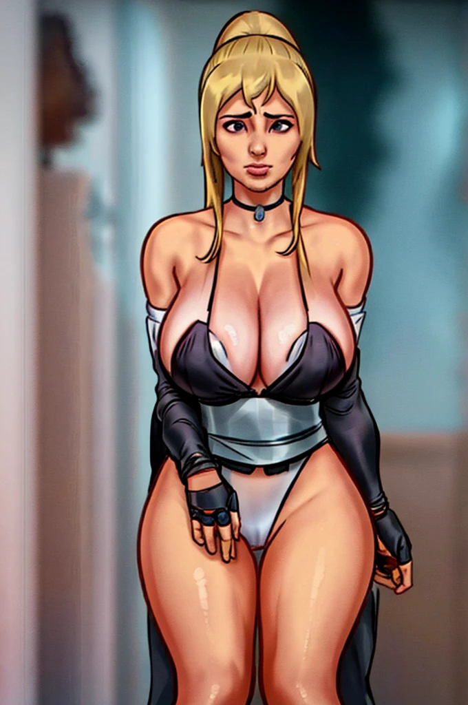 work of art, high resolution, best qualityer, rendered art, linda arte, well-shaped fingers and hands, 1womanl, standing alone, Jean Gunnhildr, blond, grown-up, grown-up, 31 years old, big and round chest, neckleace, whole body, wearing a iroha Samurai spirits cosplay, iroha_Samurai_spirits_cosplay, maid's hat, choker, gloves fingerless, blackstockings, sexy and revealing kimono, pelvic curtain, white maid uniform,Ryona , in danger, she is being beaten by her opponent, she is knocked down and she is slapped in the face , she is pushed against the wall, being humiliated by the opponent, receiving the impact of her opponent's attacks, eyes locked, screaming in pain and agony, heroine in danger, Ryona and perilous scene, tits bouncing, weak and defenseless, martial arts tournament on the beach
