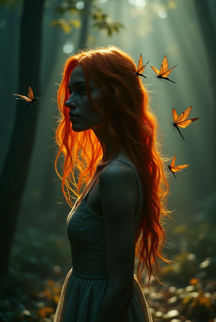 a very beautiful dark tanned belgian orange haired woman trapped on a path in time and space, night behind us and day ahead, in eternal doubly refracting holograffiti Liminal Space liminal, eerie, ethereal, fantastic, strange, unnatural lighting, dynamic lighting, depth of field, vanishing point, protruding, descending lacewings, little dragons flying