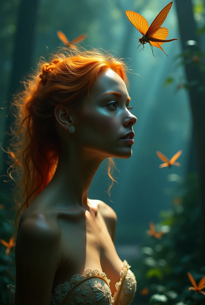 a very beautiful dark tanned belgian orange haired woman trapped on a path in time and space, night behind us and day ahead, in eternal doubly refracting holograffiti Liminal Space liminal, eerie, ethereal, fantastic, strange, unnatural lighting, dynamic lighting, depth of field, vanishing point, protruding, descending lacewings, little dragons flying
