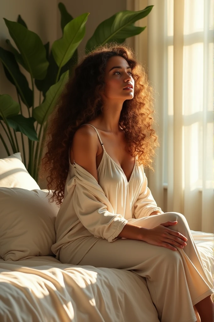 (photorealism:1.2), beautiful woman, sitting on bed, wearing loose off-shoulder top, pajama pants, long curly hair, indoors, soft lighting, plants in background, window with sunlight, cozy room, relaxed pose, realistic, intricate details, warm colors, by Greg Rutkowski, by Alphonse Mucha