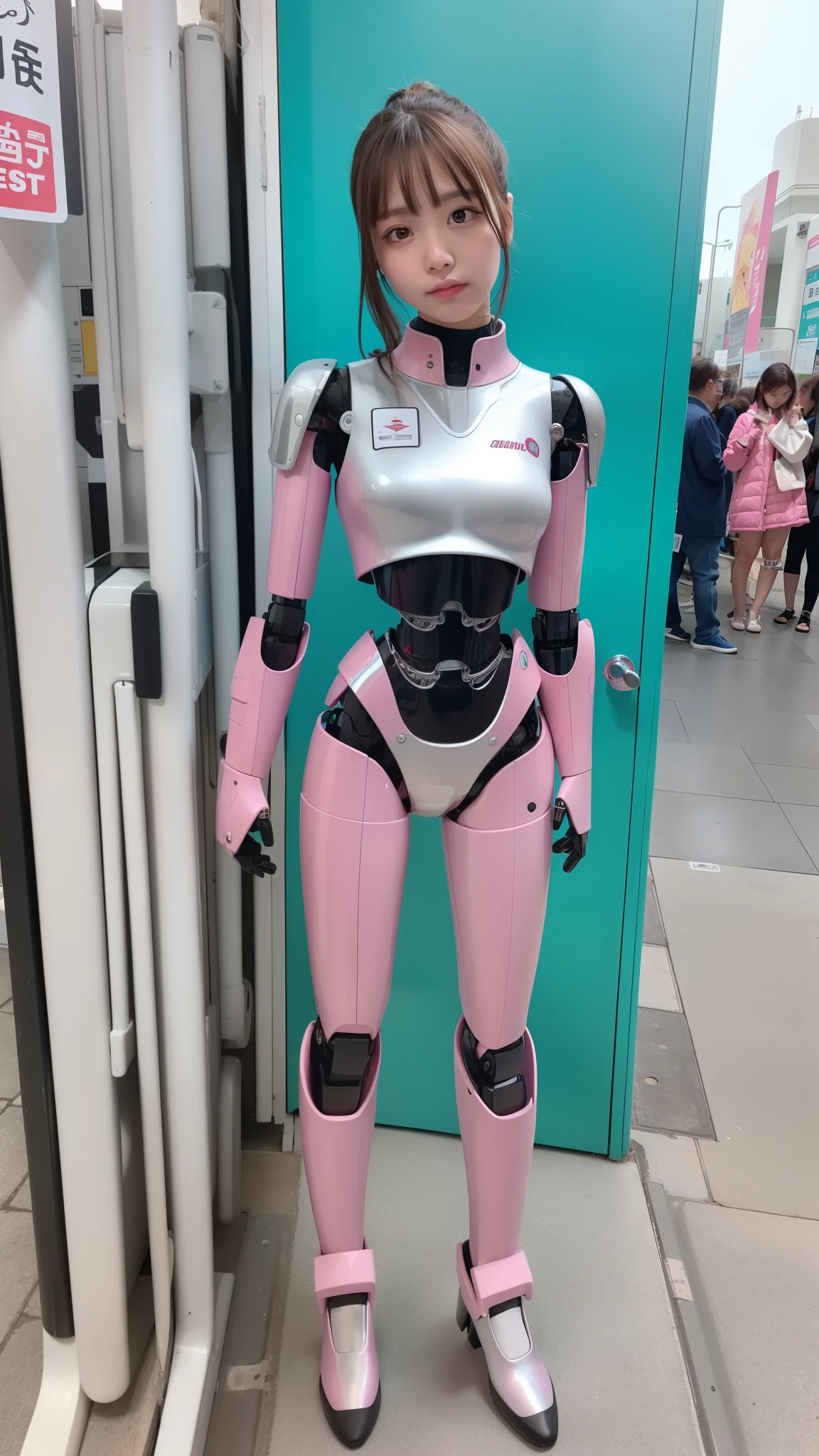 Robot Girl, pink there, Silver, Metallic body, Robot Parts, Metal Parts, Super Detailed Face, Super well-formed face, of the highest quality, a small face, small head, Brown hair, Slender body, Camera gaze, Internal Mechanical Exposure, Idol, front facing, Well-proportioned body, sale, Exhibited, Event Hall, Moe Pose, job interview suit machine armor, Standing with legs open, Model body type, sad, Embarrassing,(Perfect Robot Girl),(Perfect machine body)