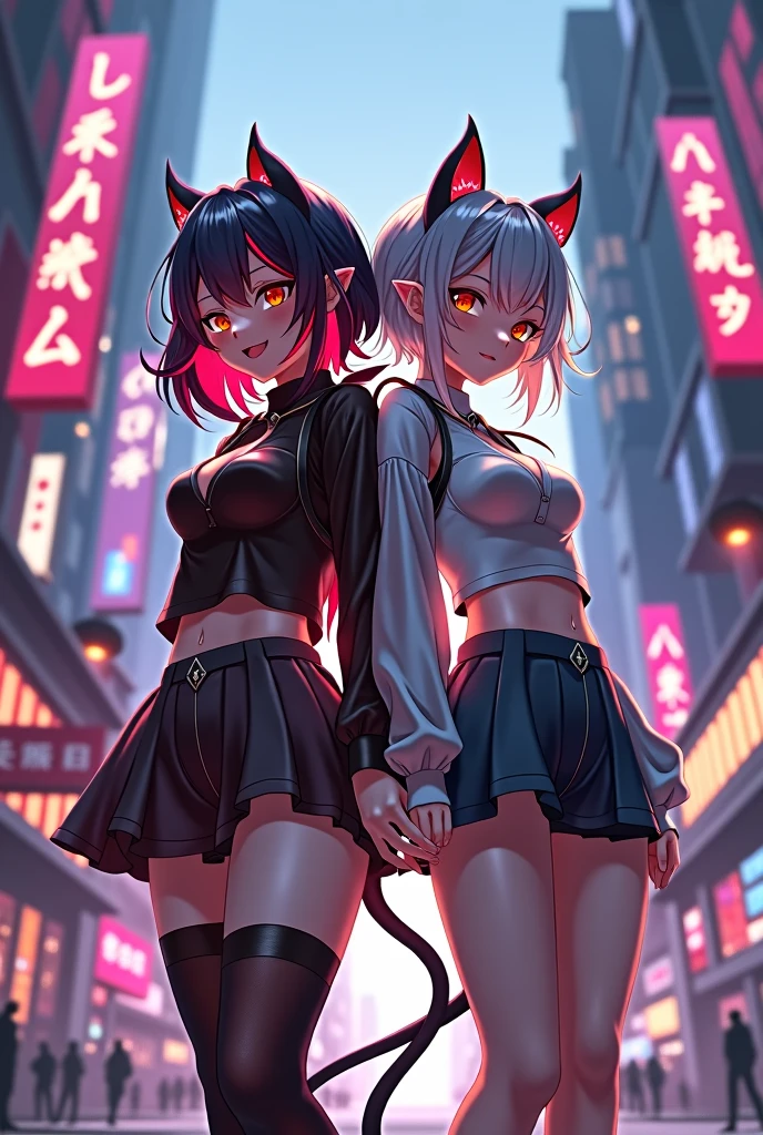 (Masterpiece), (multiple girls), (girl1) Character, arknights, horns, red eyes, medium breasts, Breasts, short hair, tail, orange eyes, multicolored hair, ahoge, w, grey hair, demon_horns, w_arknights, (girl2), Character, arknights, horns, red eyes, medium breasts, Breasts, short hair, tail, orange eyes, multicolored hair, ahoge, w, grey hair, demon_horns, w_arknights