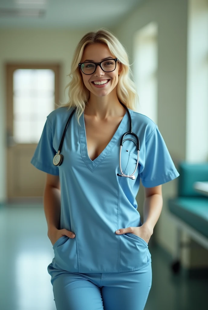 Full length portrait of a beautiful 24 year old blonde woman, wearing a nurse uniform, hospital, natural soft lights, 85mm canon lens, realistic portrait, Very detailed, analogue style, deep cleavage, sexy pose, big breasts, nerdy glasses, laughing out loud, from below