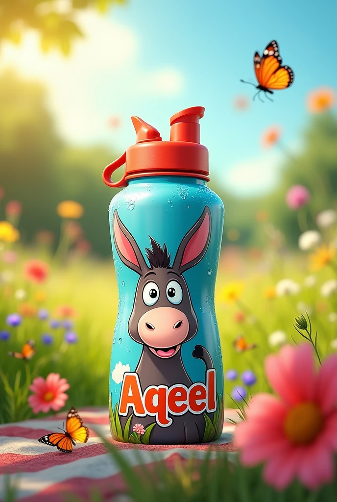 A water bottle with the name Aqeel and a picture of a donkey written on it