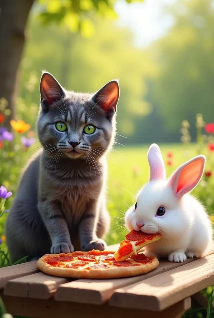 Make a gray cat with green eyes and a white rabbit with eyes eating pizza
