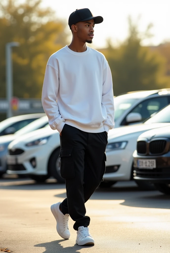best qualityer:1.4), (ultra high resolution:1.2), (photorrealistic:1.4), (8k, CRU photo:1.2), a thin young man of 20 years old, 1,75 tall , light brown skin, with a smooth, beardless face, short American haircut on the sides and top, He's wearing a white sweatshirt, wearing black men's cargo pants, Black cap, White sneakers, he is in a parking lot as if he were walking looking to the left