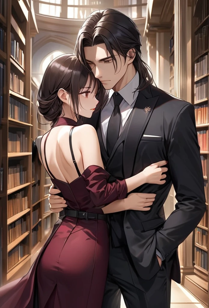 In this captivating anime scene, a couple is depicted in a moment of contrasting emotions and styles, set against the backdrop of a library. The woman, with her long straight black hair, exudes sophistication in her chic and refined attire. She is dressed in a flowing maroon blouse tailored to perfection, paired with high-waisted black trousers that elongate her silhouette. Completing her ensemble are sleek black heels with delicate straps, adding a touch of understated glamour to her polished look. The combination of maroon and black conveys a sense of timeless elegance that perfectly complements her poised demeanor.
 
On the other hand, the man stands behind her, showcasing his longing gaze as he holds her in a back hug. With semi-long dark brown hair and clad in a sleek all-black ensemble, including a classic tailored suit and leather Oxford shoes, he radiates confidence and refined charm. The sharp lines of his suit jacket and trousers emphasize his attention to detail and polished style, mirroring the sophistication of the woman's outfit. The contrasting emotions between the man's longing expression and the woman's cold demeanor create a tension that adds depth to the scene, enhancing the visual storytelling in this library setting.