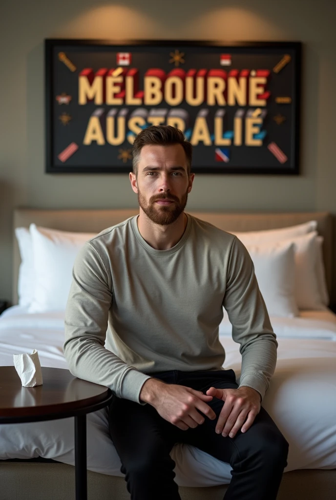 Homme caucasien grand de taille, charmant, un peu costaud, habillé en pantalon et tee-shirt manche longue, assis ou adossé sur une table dans une grande chambre d'hôtel, sur la table qu'il y ait également un papier mouchoir déjà utilisé sur la table et sur le lit de l'hôtel qu'il soit déposer un grand cadre photo ou un cadre photo légèrement grand qu'il est possible de faire arrêter sur le lit et faire face à la caméra et sur le mur du chevet du lit un tableau sur lequel il est écrit en français : Melbourne AUSTRALIE et autour de la phrase qu'il y ait les emblèmes du CANADA QUÉBEC ou le drapeau du CANADA QUÉBEC