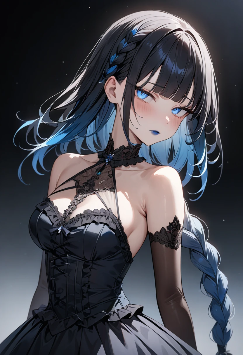(masterpiece, top quality, very aesthetic, 4k、illustration), intricate detail, 1woman,solo,contrapposto 、from side、(gradient eyes、tareme)、Strong glowing eyes、blunt bangs,Fair skin,(upper body)、cold face、twintails、Cold Stare、(Blue lipstick),beautiful face、Blushing,(gradient hair)、multicolored hair,middle hair,sidelock ,blue eyes、Shoulderless gothic lolita dress、medium breasts、slender 、
