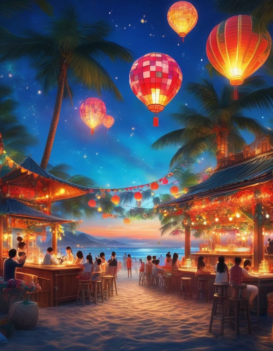 Beach Party，Dawn Falls，a professional and fantastic party on the beach。a beautiful and meticulously crafted bonfire and vibrant carnival lights weave together，pulsating colors illuminate all night long。the glistening beach looks even more alluring under the moonlight，a fun atmosphere prevails。

vibrant music plays，おしゃれなビーチウェアを着たpeople々，dance your heart out on the lively dance floor，makes the diverse dancers，Overflowing with energy。colorful cocktails and glowing lanterns enhance the mystery of the party。Palm trees swaying in the wind，fireworks bloom in the beautiful sky。

Seaside Stage，the live music is enchanting，the band performs passionately，elicits cheers from the audience。おいしい食べ物と飲み物はpeople々makes you want to visit again and again，beach volleyball matches also drew a large crowd。。The bonfire、provides a warm and cozy atmosphere throughout the venue。 ，the sound of crashing waves and the excitement in the air make you even more intoxicated.。

a night full of laughter and energy，people々forget their fatigue，Immerse yourself in the joy。a mix of cultures and backgrounds、becomes more colorful，everyone finds their own happiness and passion here。