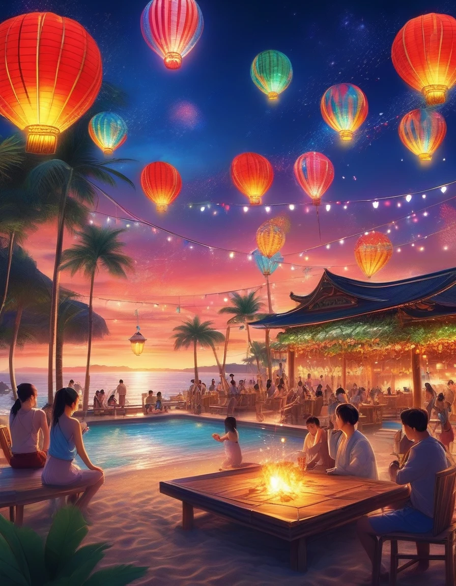 Beach Party,Dawn Falls,a professional and fantastic party on the beach。a beautiful and meticulously crafted bonfire and vibrant carnival lights weave together,pulsating colors illuminate all night long。the glistening beach looks even more alluring under the moonlight,a fun atmosphere prevails。
vibrant music plays,おしゃれなビーチウェアを着たpeople々,dance your heart out on the lively dance floor,makes the diverse dancers,Overflowing with energy。colorful cocktails and glowing lanterns enhance the mystery of the party。Palm trees swaying in the wind,fireworks bloom in the beautiful sky。
Seaside Stage,the live music is enchanting,the band performs passionately,elicits cheers from the audience。おいしい食べ物と飲み物はpeople々makes you want to visit again and again,beach volleyball matches also drew a large crowd。。The bonfire、provides a warm and cozy atmosphere throughout the venue。 ,the sound of crashing waves and the excitement in the air make you even more intoxicated.。
a night full of laughter and energy,people々forget their fatigue,Immerse yourself in the joy。a mix of cultures and backgrounds、becomes more colorful,everyone finds their own happiness and passion here。