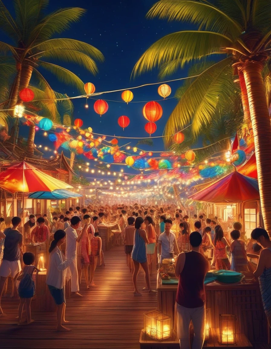 Beach Party,Dawn Falls,a professional and fantastic party on the beach。a beautiful and meticulously crafted bonfire and vibrant carnival lights weave together,pulsating colors illuminate all night long。the glistening beach looks even more alluring under the moonlight,a fun atmosphere prevails。
vibrant music plays,おしゃれなビーチウェアを着たpeople々,dance your heart out on the lively dance floor,makes the diverse dancers,Overflowing with energy。colorful cocktails and glowing lanterns enhance the mystery of the party。Palm trees swaying in the wind,fireworks bloom in the beautiful sky。
Seaside Stage,the live music is enchanting,the band performs passionately,elicits cheers from the audience。おいしい食べ物と飲み物はpeople々makes you want to visit again and again,beach volleyball matches also drew a large crowd。。The bonfire、provides a warm and cozy atmosphere throughout the venue。 ,the sound of crashing waves and the excitement in the air make you even more intoxicated.。
a night full of laughter and energy,people々forget their fatigue,Immerse yourself in the joy。a mix of cultures and backgrounds、becomes more colorful,everyone finds their own happiness and passion here。