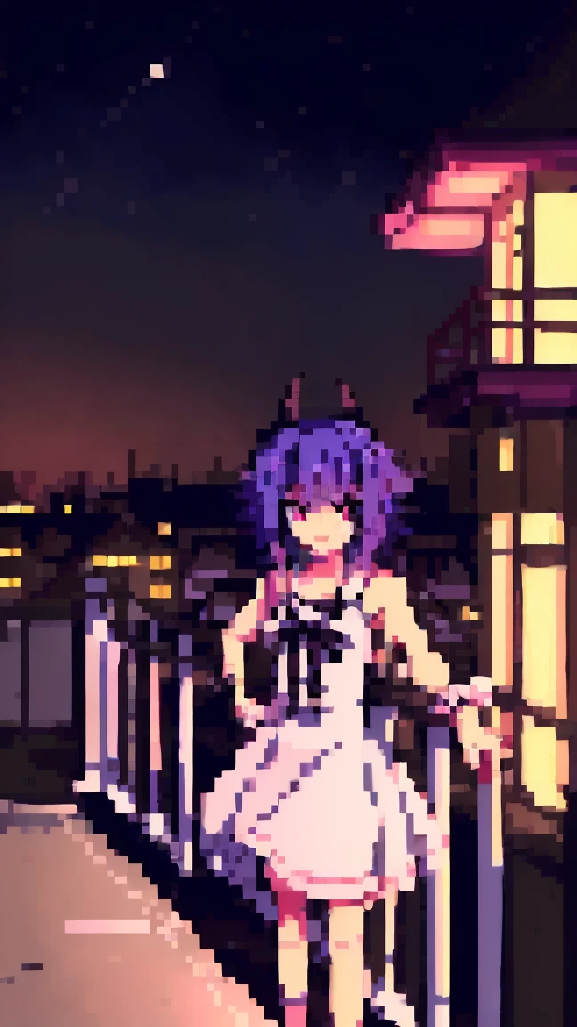 masterpiece, Highest quality, High resolution, Very detailed,(((Mikoto Naruka))), (((smile)))、(((Standing in the distance))), (((White Dress))), (((rooftop))), (((handrail))), (((Streetscape))), (((night))), (((Multicolored Hair))), (((horn))), (((Pink Eyes)))