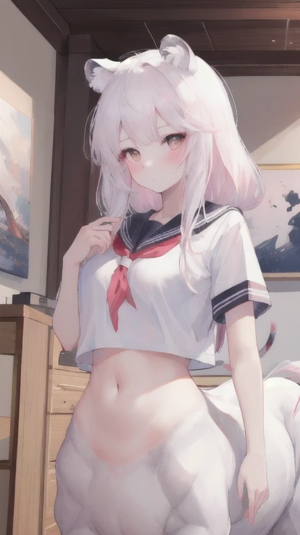 (best quality, masterpiece), 1 girl, centaur, It takes, Crying, belly button t-shirt, 아름다운 소녀 perfect white tiger photo, perfect white tiger photo