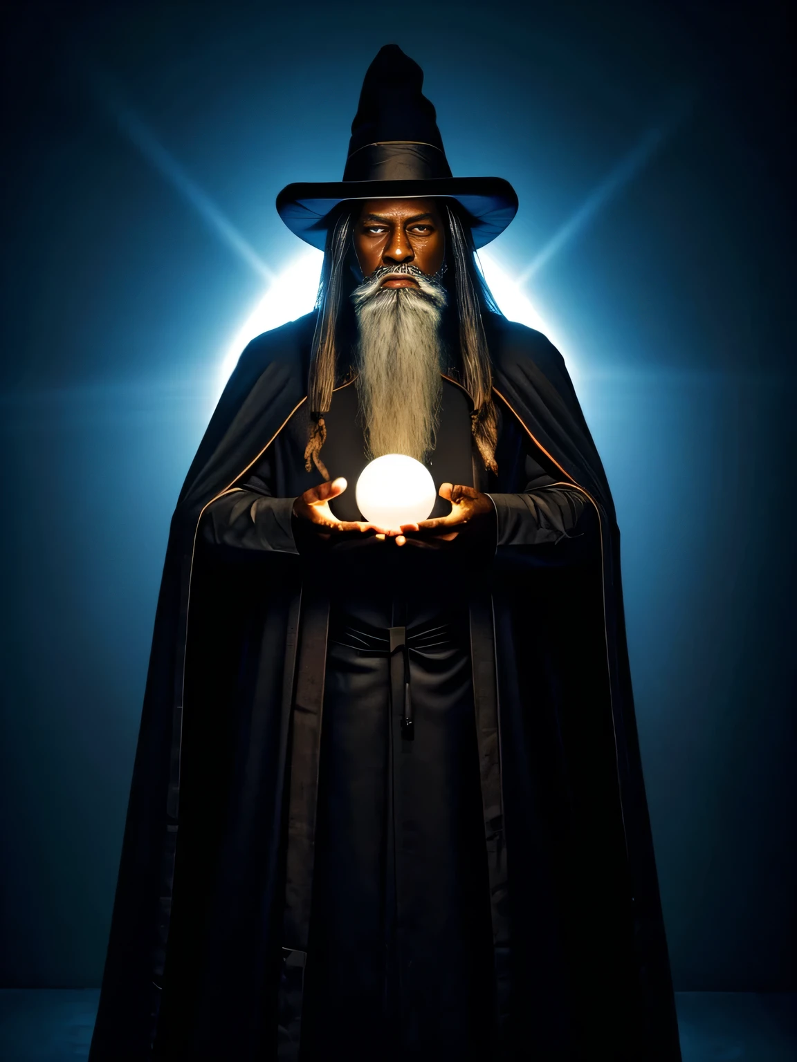 (masterpiece: 1.2), (Highest quality), detailed, Ultra-high resolution, Cinema Lighting, Sharp focus, (figure: 1.1), Complex, old wizard (Dark Skin) (Dark Skin) (Dark Skin color) with long white hair and beard, wearing a wizard's robe and hat, glowing sphere, In a dimly lit room, Magician's Room, Bright light, Flashing Light,