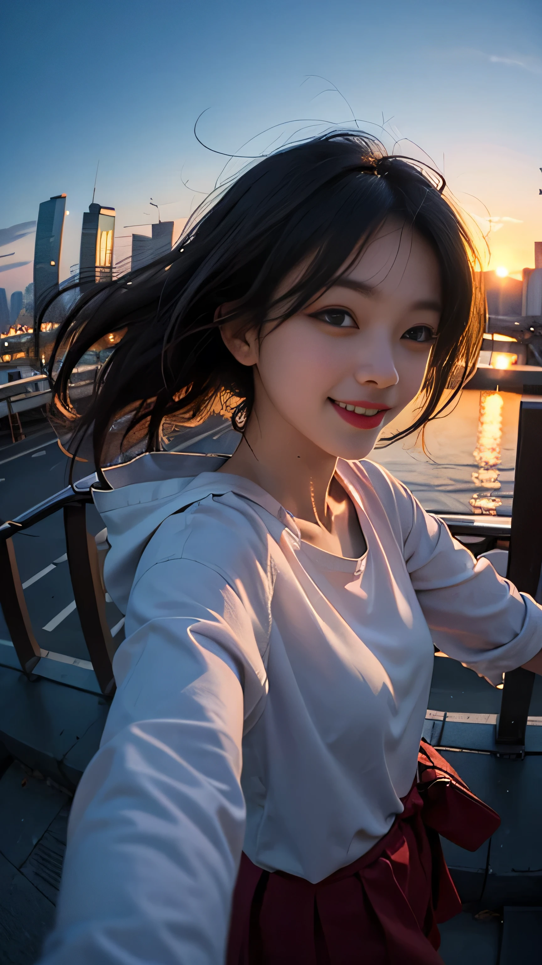 One girl, Korean, Fisheye Lens, Selfie, Wind, Messy Hair, sunset, Cityscape, (Aesthetics and atmosphere:1.2),smile