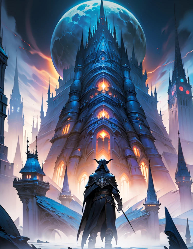 caped man in a dark castle with a city in the background, elegant cinematic fantasy art, anor londo, epic cinematic concept art, an epic scifi movie still, paul lehr and beeple, epic cinematic matte painting, in a massive cavernous iron city, dramatic lighting. concept art, lothlorien, elaborate matte painting, in dark robes with gold accents