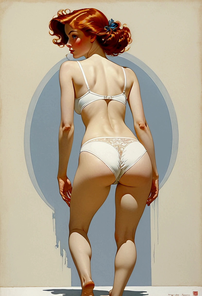 a girl in small white underwear seen from behind spreading her butt in the style of Gigi Cavenago and Jeffrey Jones and Albert Beck Wenzell and norman rockwell