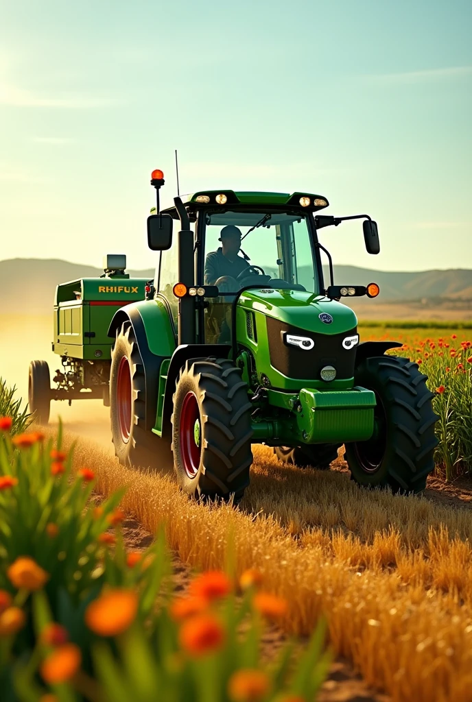 Electric farm tractor, with haversting tool at the back of the tractor, show powered by the Rhiflux electro cube , battery on the front of the tractor, on the back a black African famer, with the name Rhiflux on the tractor ,with smart technology