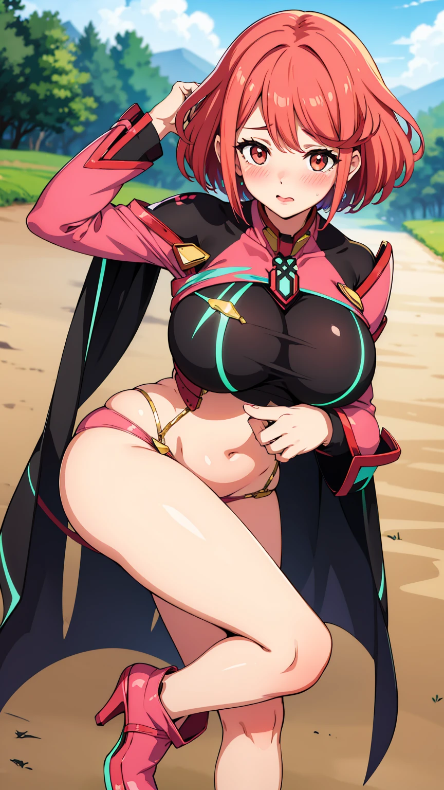 best quality, high resolution, large breasts, blush, embarrassed, cowboy shot, looking at viewer, pyra, pink lip, sexy legs, heels, sexy pose, Big breasts