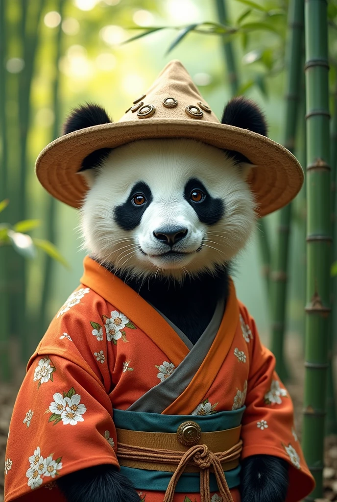 A cute and beautiful panda bear wears a strange and stylish outfit.