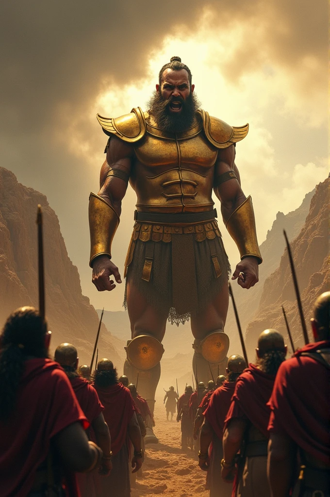 - **Quadro 2:** Goliath challenges the Israelites to choose a champion for a single combat.
- Goliath: "Choose a man to fight me! If I win, we will be your servants; If I win, you will be ours!"