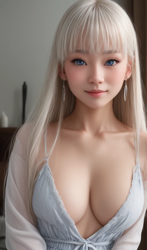 (1 Nordic girl)、Blue eyes:1.5、bangs:1.5、(bangs)、(Small face)、round face、(light in your eyes)、Shiny platinum blonde hair、Gentle expression、Perfect and beautiful、Big Breasts、smile、Pure white skin、Straight Hair、(Beautiful and stylish clothes)、hair ornaments、Earrings、BREAK、Looking at me、Full body shot、Standing、Panorama shooting、8K Photo、Surreal、Ultra-delicate、cute、beautiful girl、
究極にcute、完璧なbeautiful girl、