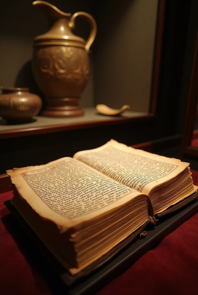 "A close-up of the Codex Sinaiticus, with its ancient Greek text clearly visible, laying open on a display case with a soft light illuminating its pages