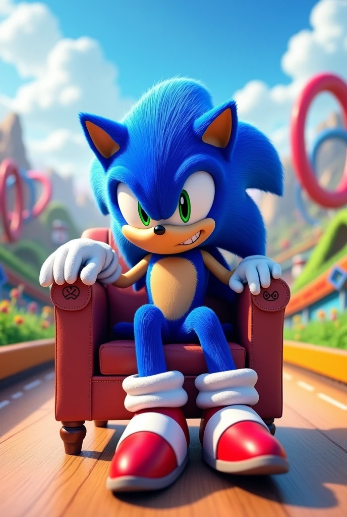 Sonic the hedgehog , solo, looking at viewer, smile, 1boy, standing, full body, sitting on chair, looking at viewer
