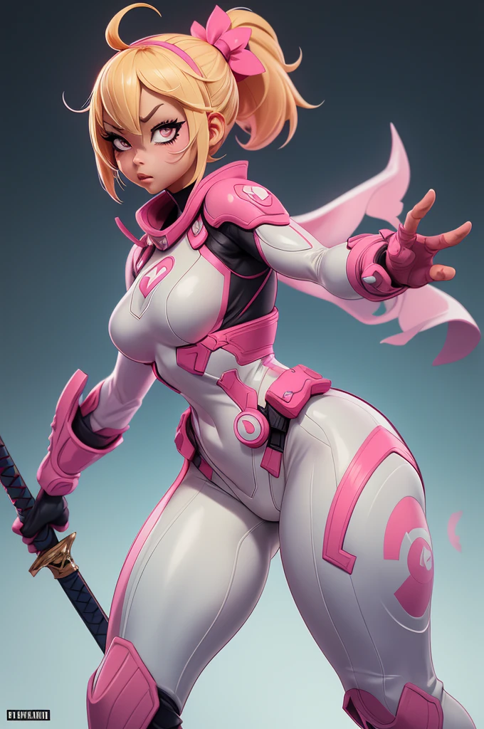 ((Best quality)), ((Masterpiece)), ((Realstic)) and ultra-detailed pchaudography, Gwenpool, Pretty Girl Gwenpool marvel universe, 
"A highly detailed and dynamic illustration of a female superhero inspired by the Marvel Universe. She has an athletic and curvy physique with a narrow waist, glossy lips, and defined muscles. She is wearing a tight white and pink spandex bodysuit with a distinctive white capelet reminiscent of Gwenpool's style. Her half-face mask reveals her ponytail with blonde hair and pink eyes. She is in an action pose, wielding two Uzis in her hands while katanas are strapped behind her back. The setting is a combat environment with flying bullets, enemy blood, and a powerful expression on her face. The image is rendered in 4K quality, capturing the intricate details of her outfit, weapons, and the dynamic atmosphere of the battle."

