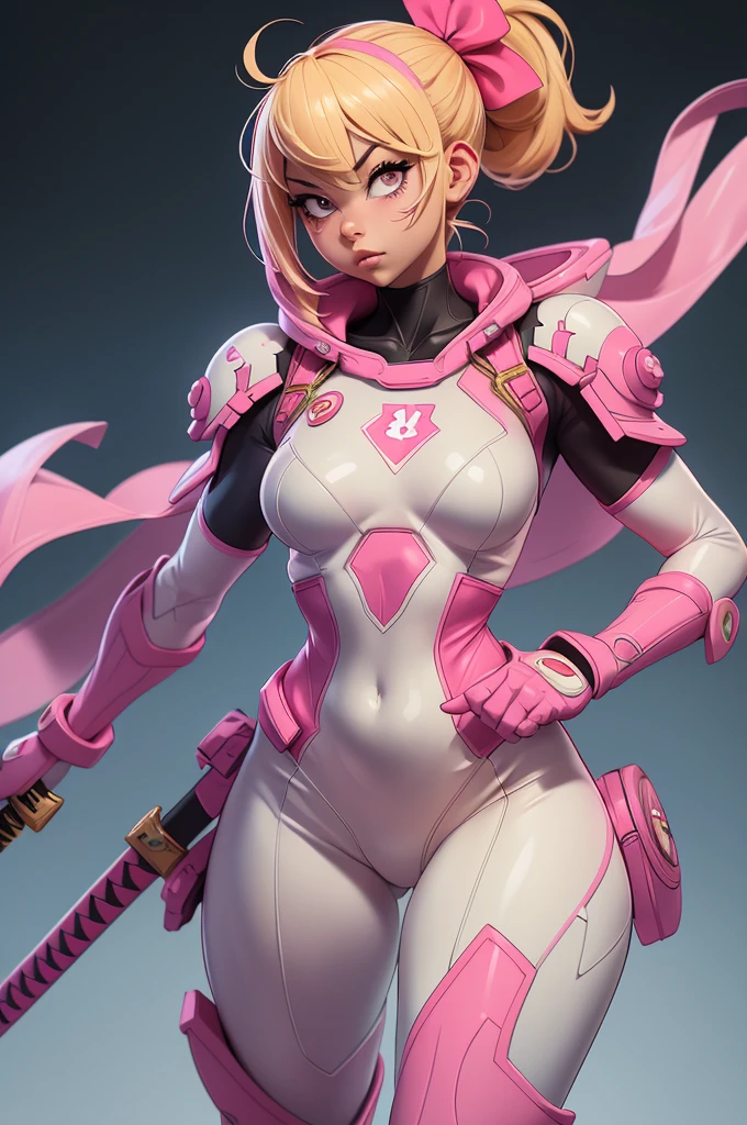 ((Best quality)), ((Masterpiece)), ((Realstic)) and ultra-detailed pchaudography, Gwenpool, Pretty Girl Gwenpool marvel universe,
"A highly detailed and dynamic illustration of a female superhero inspired by the Marvel Universe. She has an athletic and curvy physique with a narrow waist, glossy lips, and defined muscles. She is wearing a tight white and pink spandex bodysuit with a distinctive white capelet reminiscent of Gwenpool's style. Her half-face mask reveals her ponytail with blonde hair and pink eyes. She is in an action pose, wielding two Uzis in her hands while katanas are strapped behind her back. The setting is a combat environment with flying bullets, enemy blood, and a powerful expression on her face. The image is rendered in 4K quality, capturing the intricate details of her outfit, weapons, and the dynamic atmosphere of the battle."