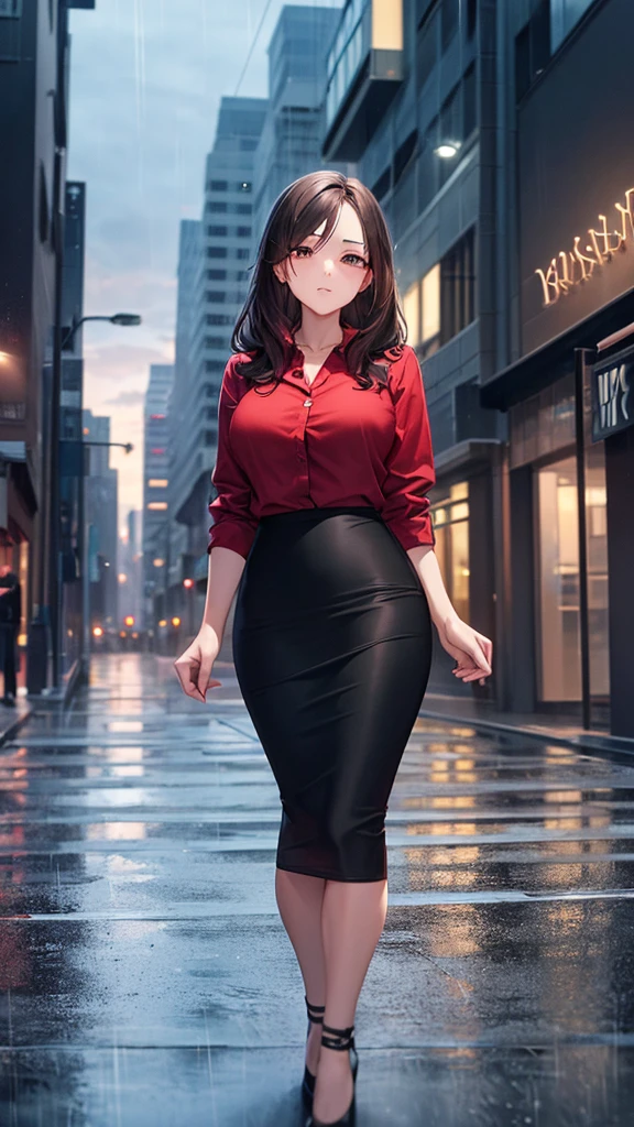 masterpiece, best quality, high detail, beautiful business woman, wavy hair, dark brown hair, business suit, ((red blouse)), ((black midi pencil skirt)), long black pencil skirt, ((black skirt)), heels, looking at viewer, rainy backdrop, storm, clouds, city alley at night, 