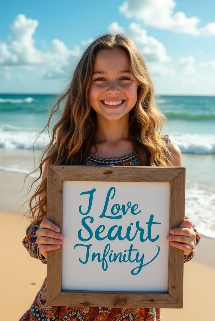 Beautiful girl with wavy long hair, bohemian dress, holding a white board with text "I Love Seaart Infinity" and showing it to the viewer