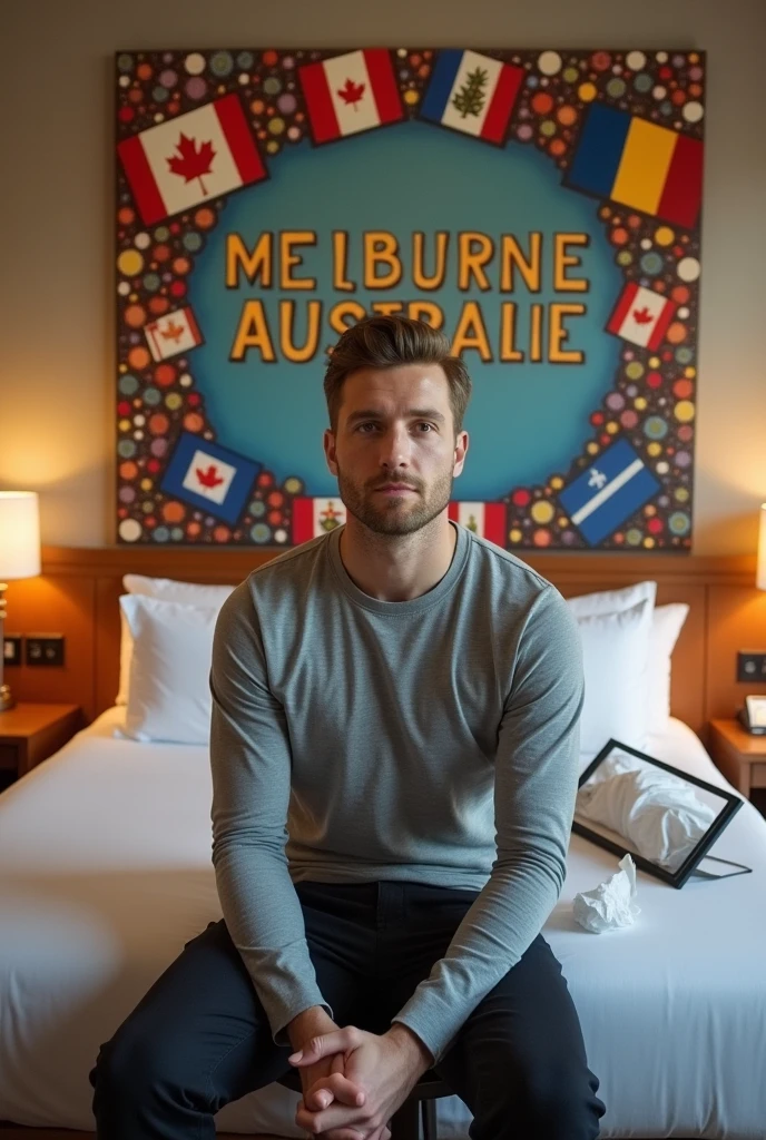 Homme caucasien grand de taille, charmant, un peu costaud, habillé en pantalon et tee-shirt manche longue, assis ou adossé sur une table dans une grande chambre d'hôtel, sur la table qu'il y ait également un papier mouchoir déjà utilisé sur la table et sur le lit de l'hôtel qu'il soit déposer un grand cadre photo ou un cadre photo légèrement grand qu'il est possible de faire arrêter sur le lit et faire face à la caméra et sur le mur du chevet du lit un tableau sur lequel il est écrit en français : Melbourne AUSTRALIE et autour de la phrase qu'il y ait les emblèmes du CANADA QUÉBEC ou le drapeau du CANADA QUÉBEC