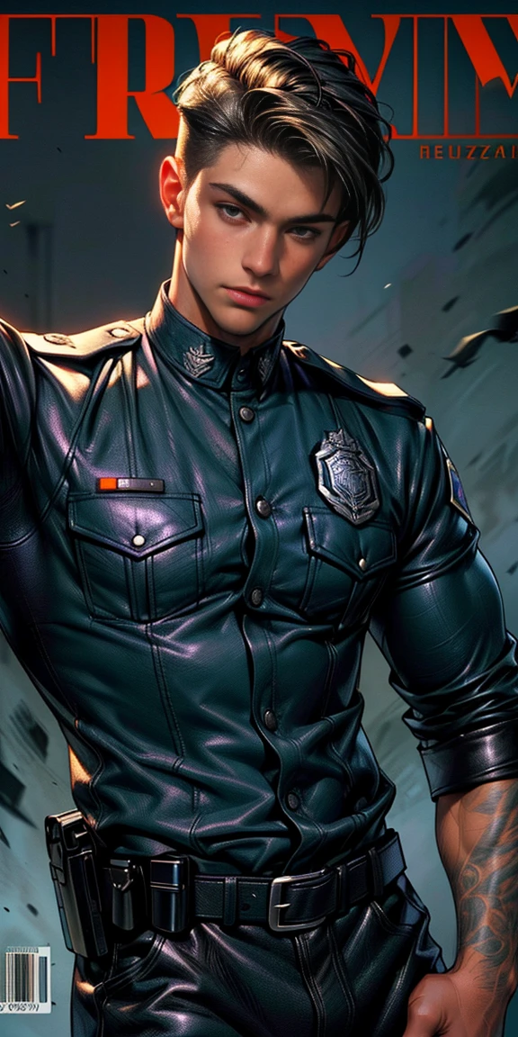 realism:1.3,( fotorrealism, 8ก, RAW photos, Premium Quality, Masterpiece, great light. close up, The picture in the middle), (ahead),((1 Handsome and muscular young man, police uniform, Fully detailed face and torso, (ahead), For a heavy metal magazine cover, dynamic gesture, Beautiful and detailed hair, Leather Clothing))