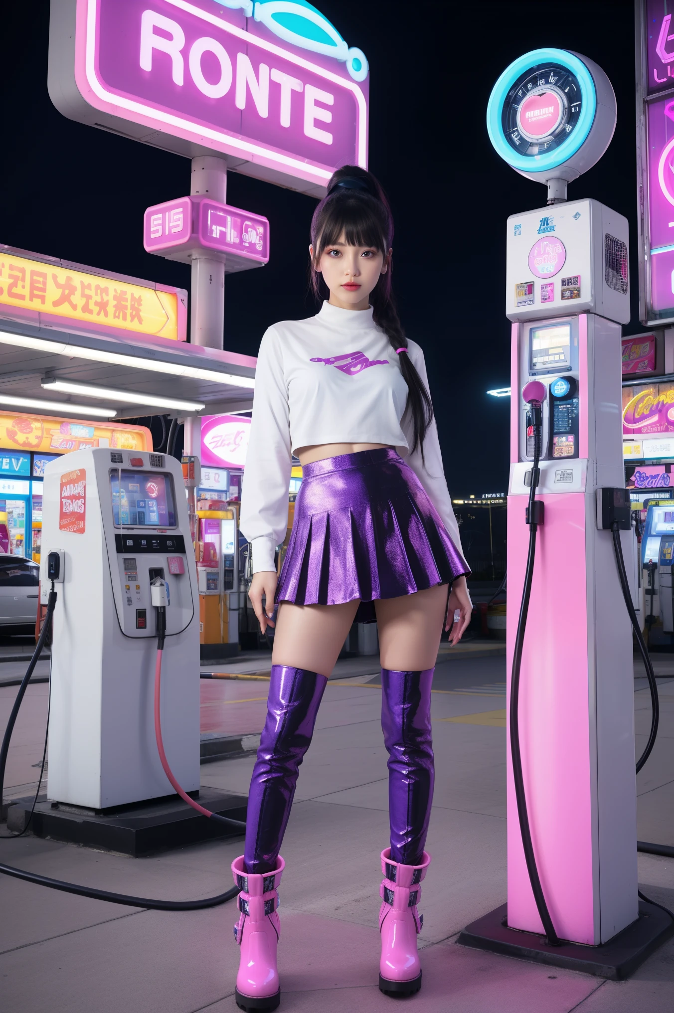 futuristic young woman, The dazzling costume、in a surreal atmosphere々Standing, Neon lights shine at the gas station. Gasoline pump, adorned with star, Floating in the air, The hose swings playfully. Vibrant pink and purple hues spread, Creates a surreal and otherworldly atmosphere, Monitiered layered skirt, Pink Boots, White pink heart print top, Unusual fashion choices, Black low ponytail with bangs