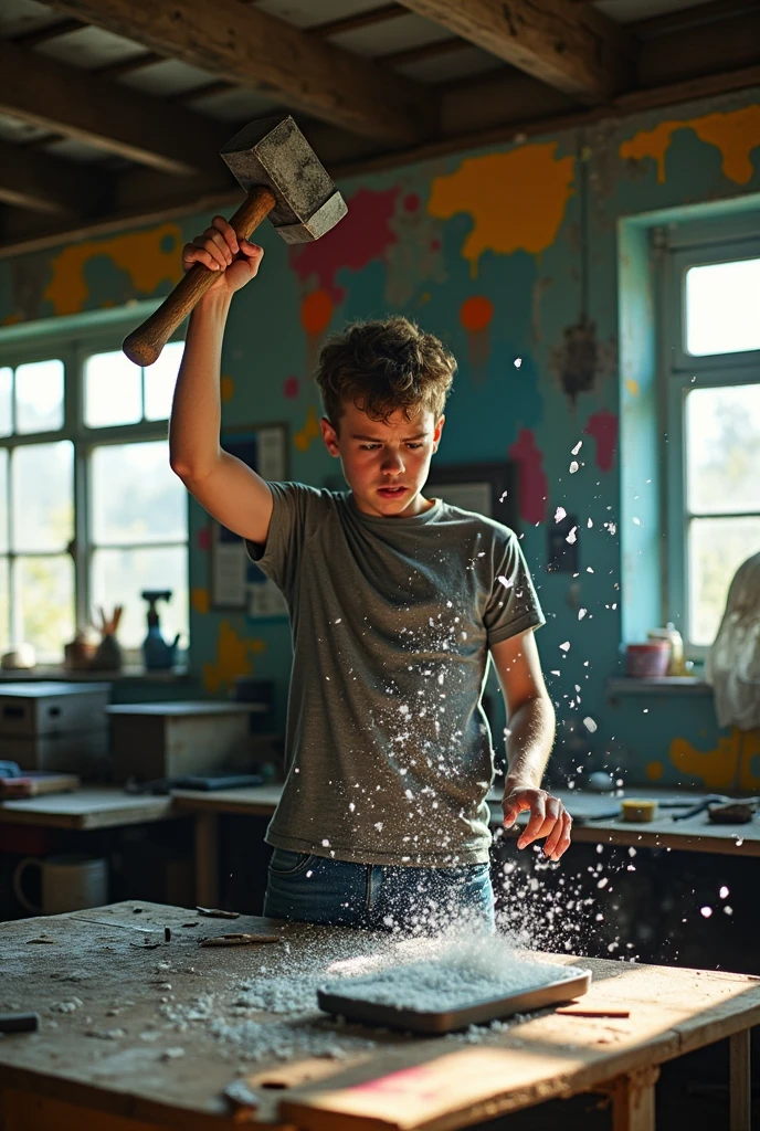 A person hitting his phone with hammer