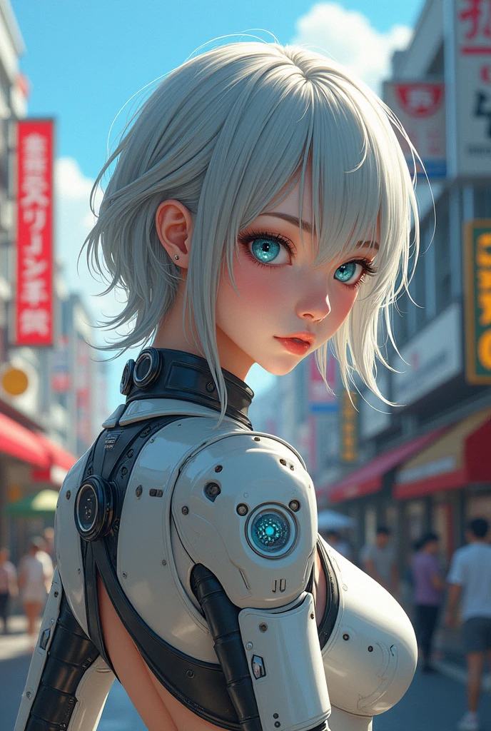 dynamic series of drawings, depicting a gray-haired and blue-eyed warrior girl., 8 K, ultra high resolution, Ultra detailed, HD,(A well-designed face), amazing face, (super detailed), beautiful eyes, soft lighting,, on open air, streets,, Urushisato,1980s,, beautiful detailed eyes,Mechanical parts, Asymmetrical Hair,thigh high, latex suit,split,