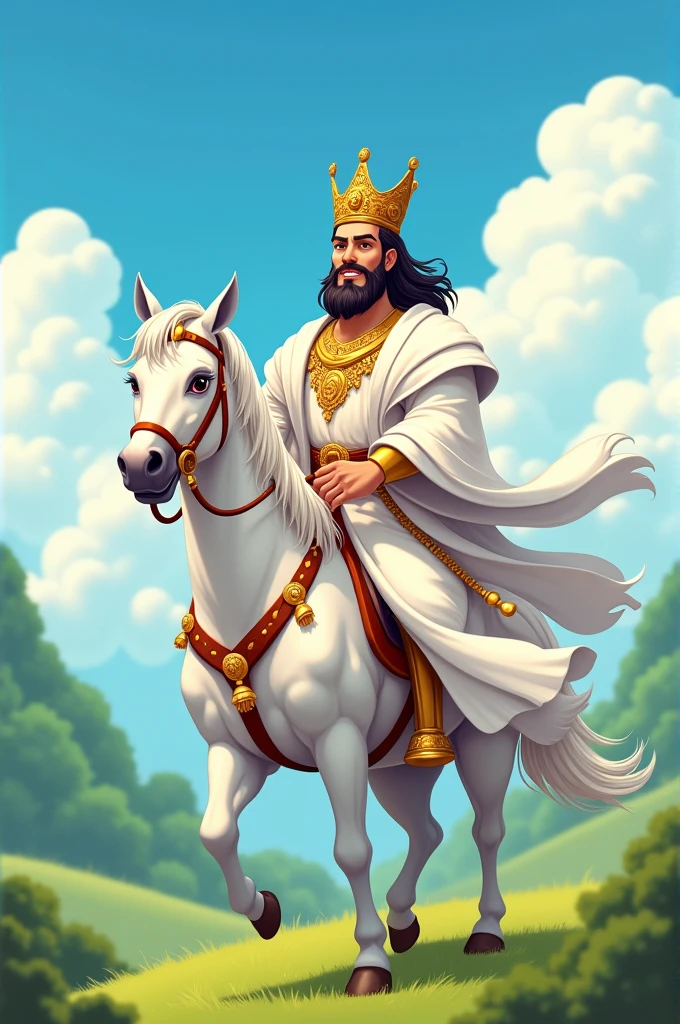A one king white dress and ride a white horse and gold jewellery in king body and one Katana in king right hand in cartoon image