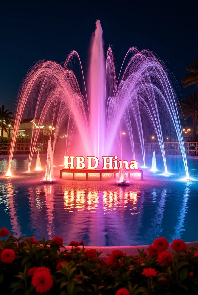 A dancing fountain with "HBD Hina" written on it.
