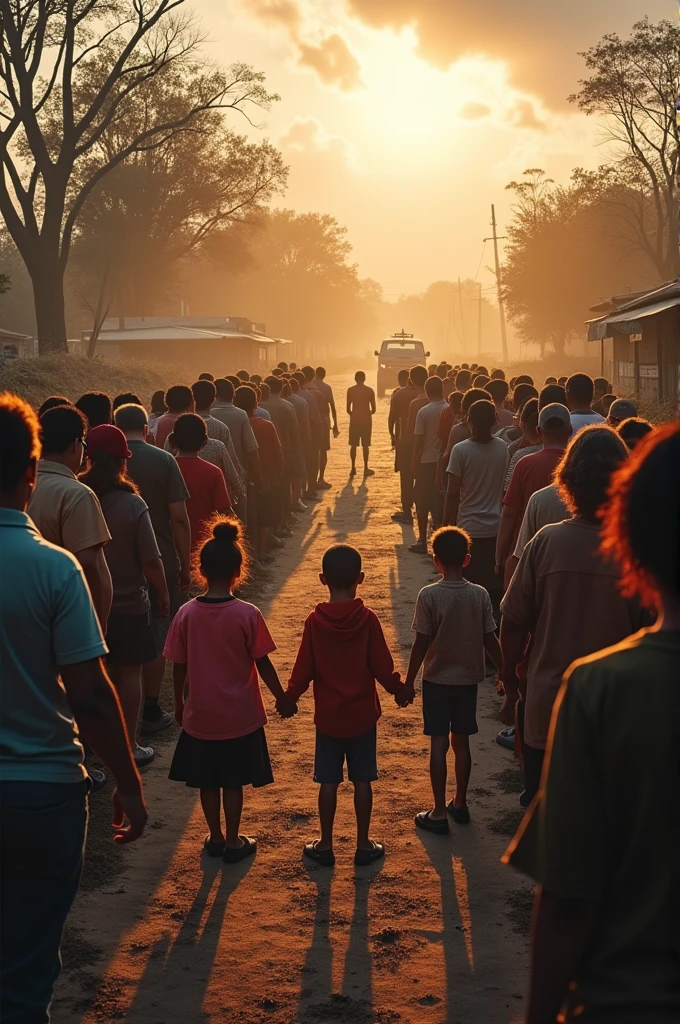  "A serene yet powerful image of people from different walks of life standing hand-in-hand, forming a protective circle around a small group of children and elderly in the center, who are receiving aid and comfort. Surrounding them, the environment shows the aftermath of a storm, with fallen trees, debris, and damaged structures, but the focus remains on the human connection and support. In the distance, show rescue vehicles arriving and volunteers setting up a relief station with food, water, and blankets. The sky is beginning to clear, with the first rays of sunlight breaking through the clouds, symbolizing hope and renewal. The scene should evoke a sense of calm determination, unity, and compassion, with everyone working together to ensure no one is left behind."