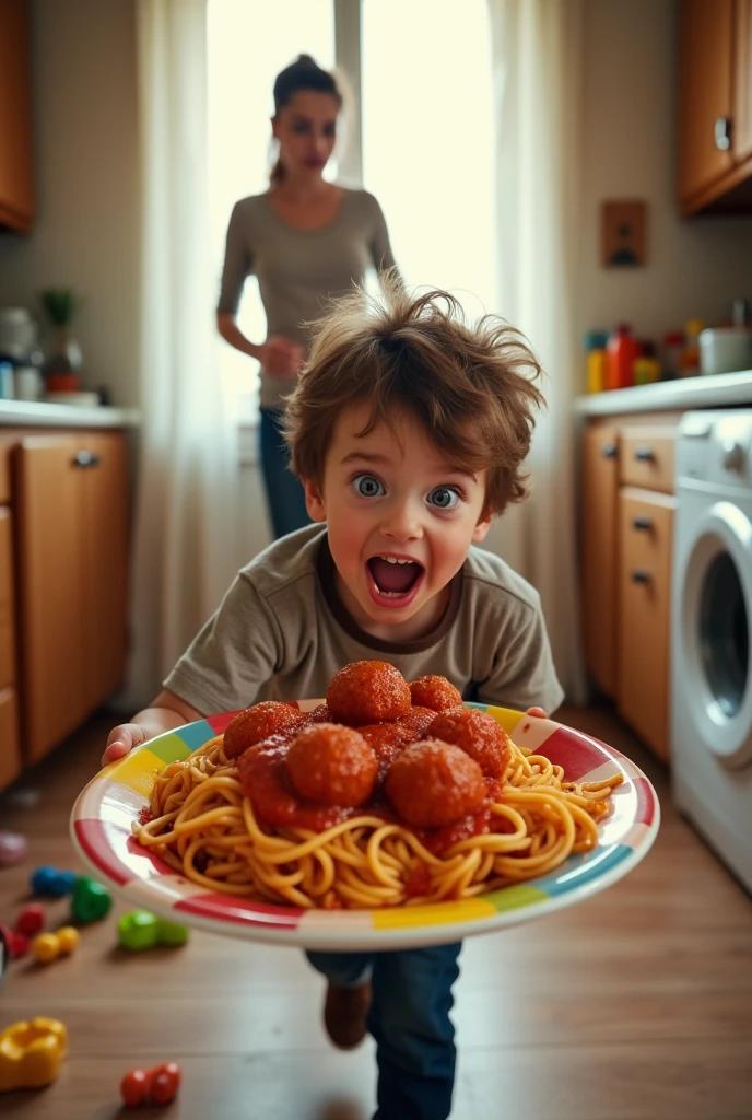 A realistic image of a child carrying a plate of food running away from his angry mother
