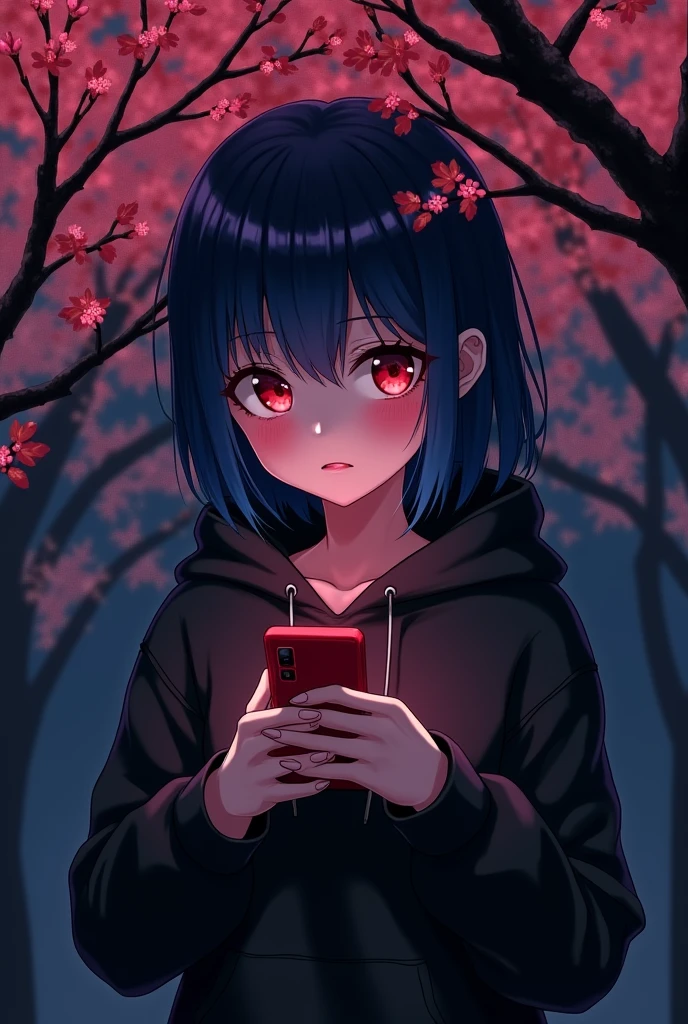 Dark background , Blossom tree theme , black , Blood red , Anime girl , dark blue hair , modern day mullet hair style , black hoodie , red eyes , almond eye , playing phone , side view
