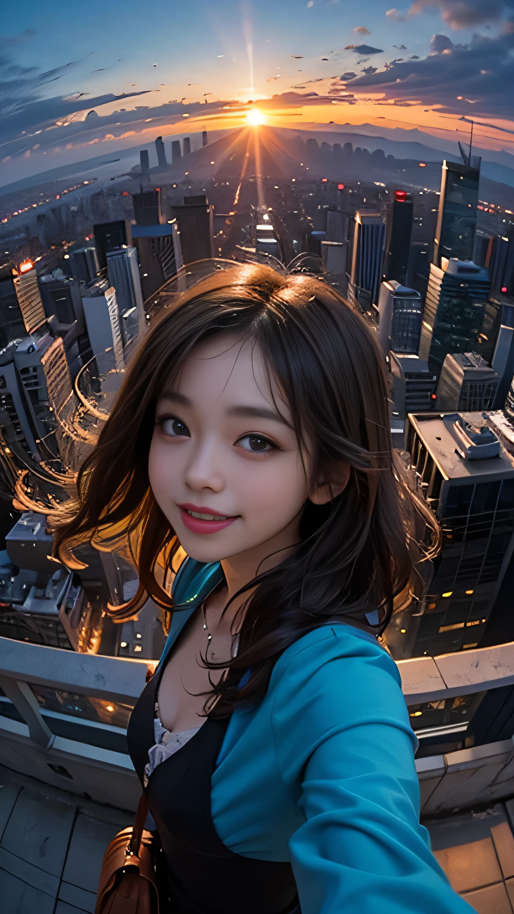 One girl, Korean, Fisheye Lens, Selfie, Wind, Messy Hair, sunset, Cityscape, (Aesthetics and atmosphere:1.2),smile