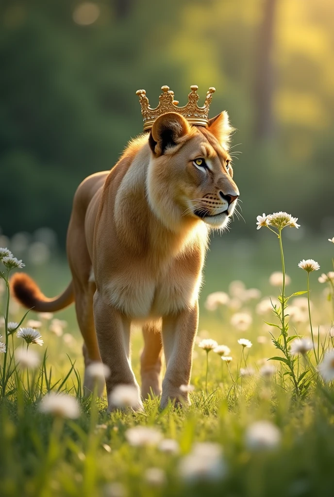 A beautiful and delicate, strong and courageous female lioness without a mane in a stunning landscape with a forest and white flowers and an ultra-realistic 8k full hd crown