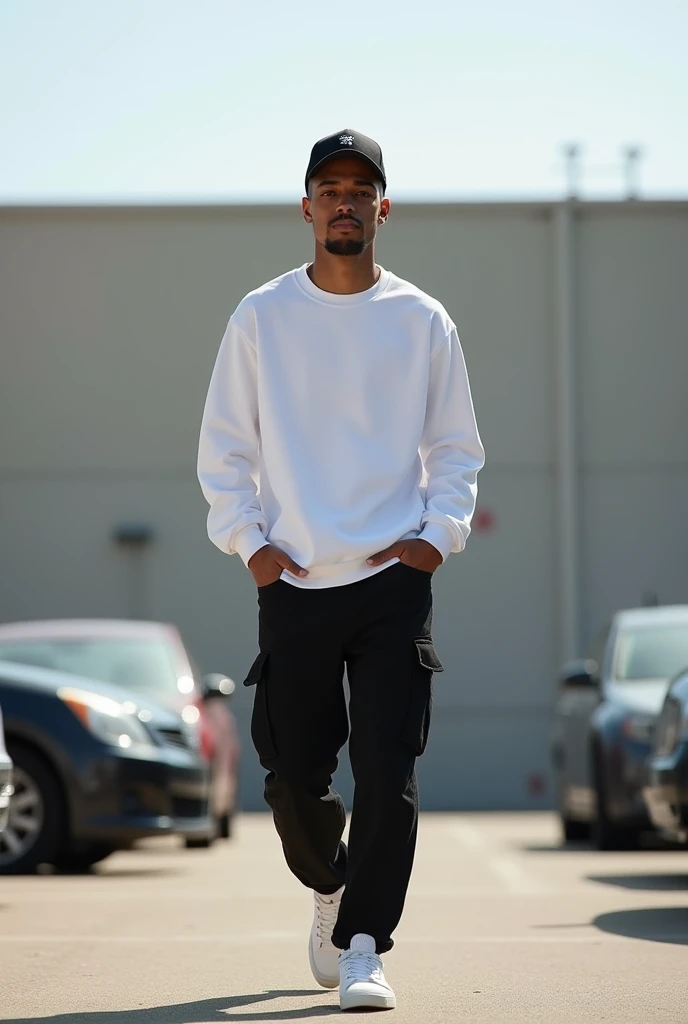 best qualityer:1.4), (ultra high resolution:1.2), (photorrealistic:1.4), (8k, CRU photo:1.2), a thin young man of 20 years old, 1,75 tall , light brown skin, with a smooth, beardless face, short American haircut on the sides and top, He's wearing a white sweatshirt, wearing black men's cargo pants, Black cap, White sneakers, he is in a parking lot as if he were walking looking to the left
