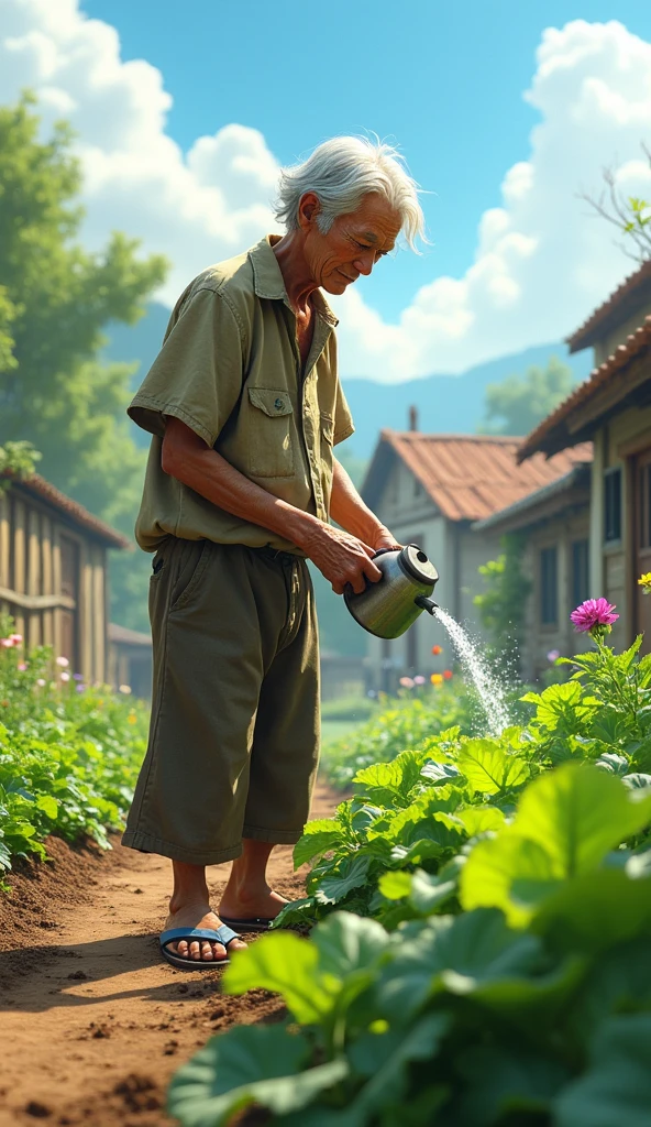 Uncle Tu is an elderly man, Lean with gray hair and tanned skin. He usually wears simple clothes like old shirts, Long pants and flip-flops. He waters the vegetable garden and weeds.

Note: 2D image 